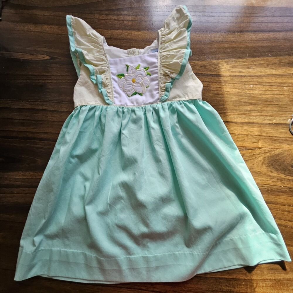 The Smocking Bug Girls Beige Teal Floral Dress Size 4 Ruffles EUC